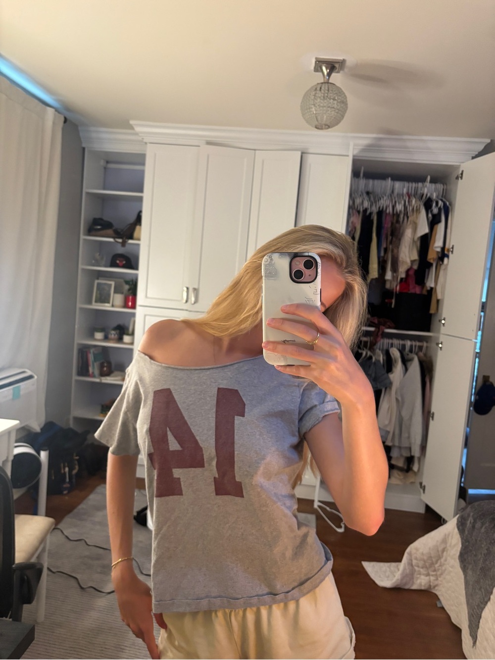 Brandy Melville Grey Off-Shoulder Tee with Burgundy '14' Graphic